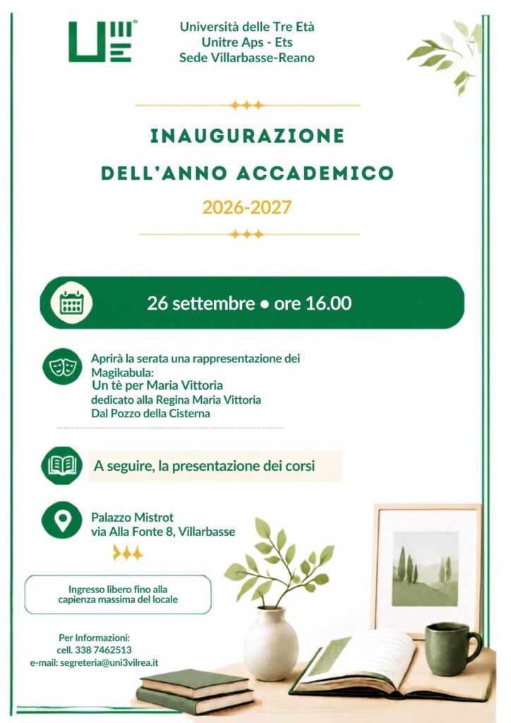 Locandina inaugurazione anno accademico 2026-2027 Unitre Villarbasse-Reano